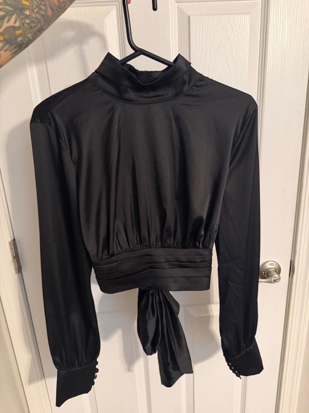 Black Satin High-Neck Tie-Back Blouse